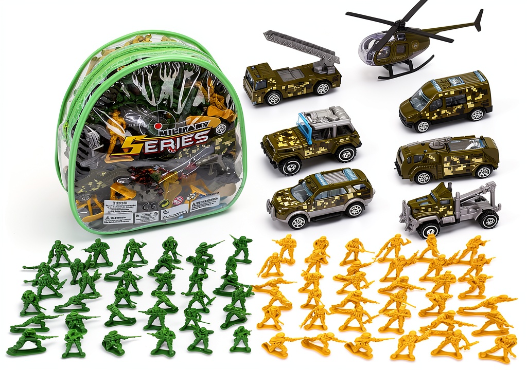 Children arranging TOY Life plastic army soldiers on a play mat