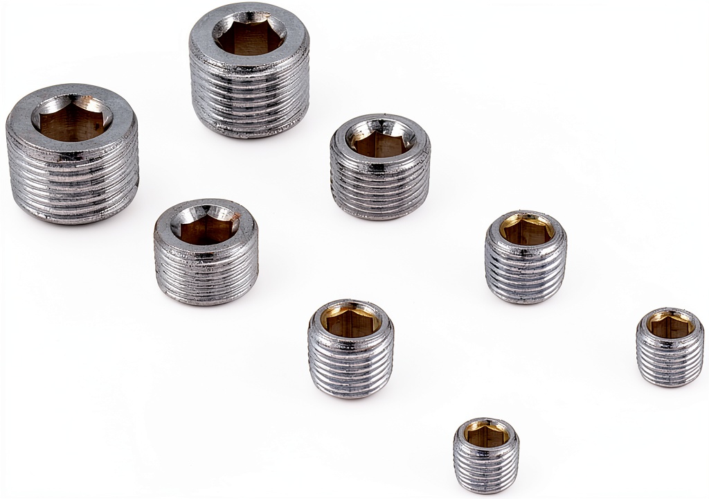 Spectre chrome drain plugs displayed with sizing chart